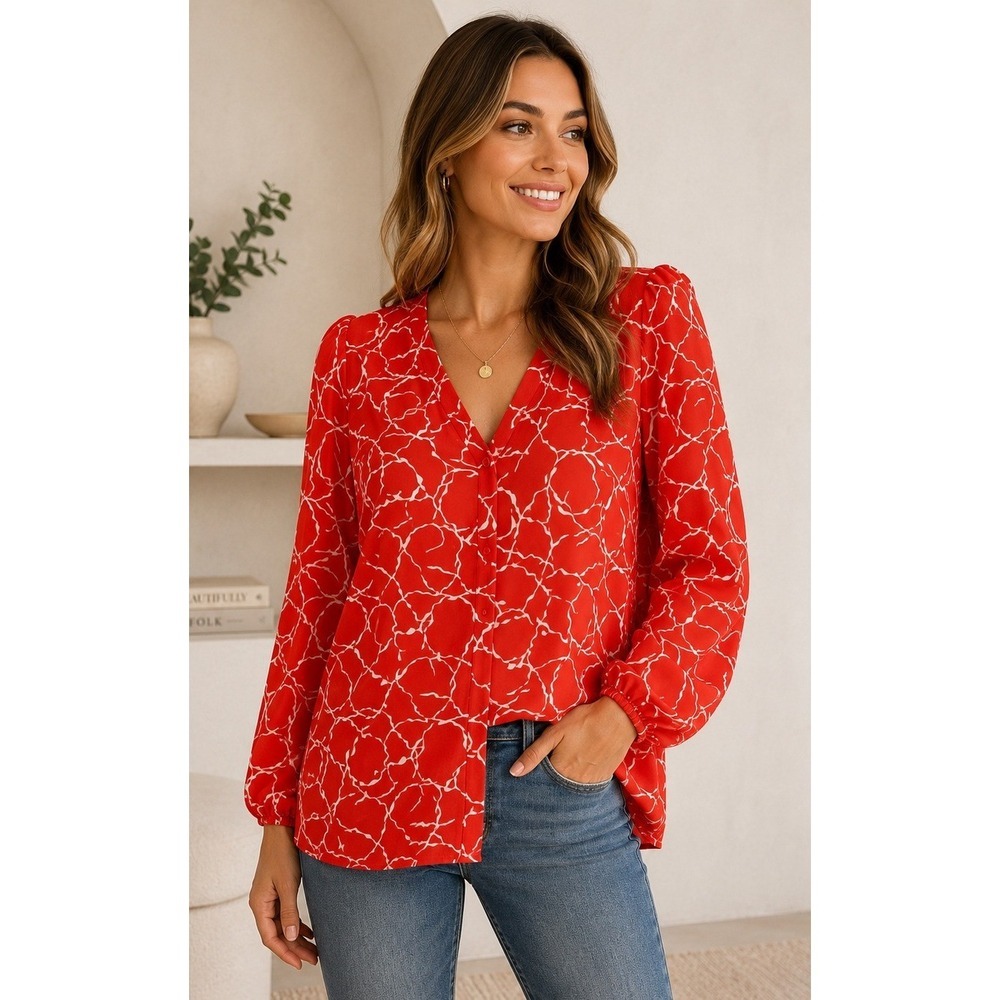 Bar III Button Down Blouse Womens Medium Orange Abstract Print V-Neck